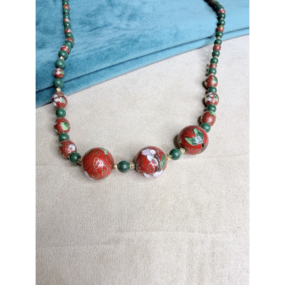 Vintage Chinese Cloisonne Necklace 14K Gold Filled‎ Clasp Green Jade Beads Red